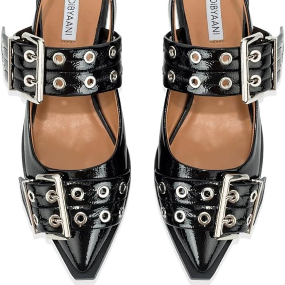Fashion Metal Buckle Almond Toe Sling-Backs